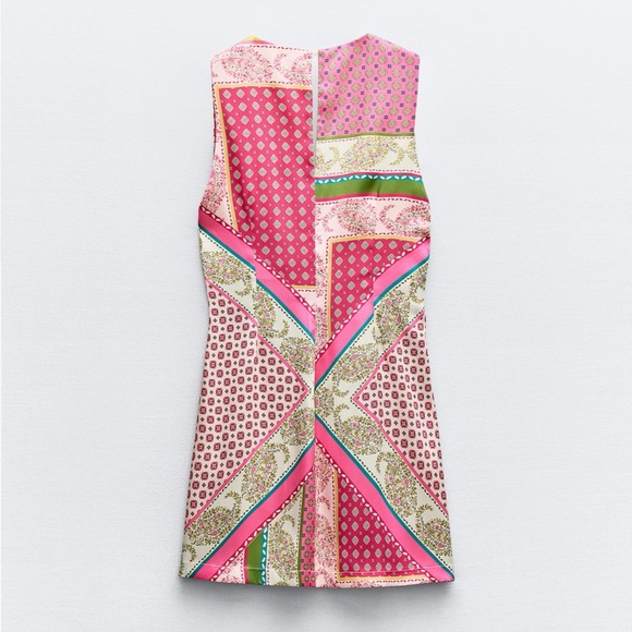 ZARA PATCHWORK PRINT DRESS MINI XS PINK GREEN PATTERNED SILK EFFECT 3253/221 - Picture 4 of 13